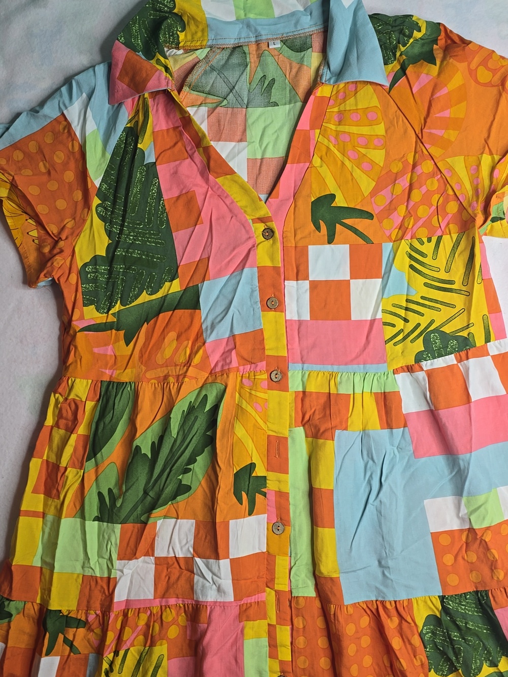Patchwork Collared Orange Maxi Dress with Short Sleeves - Picture 3 of 10